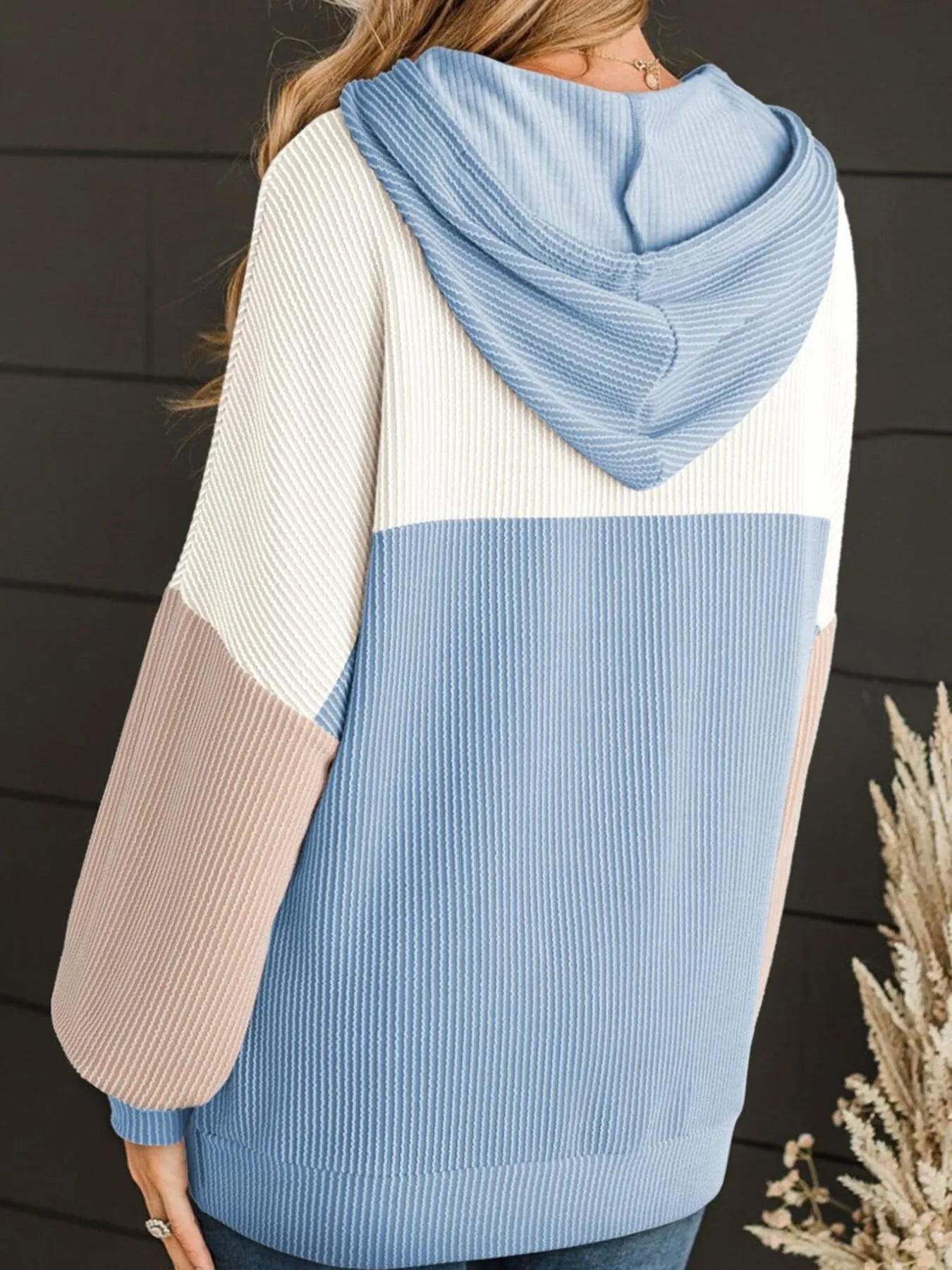 Drawstring Color Block Long Sleeve Hoodie - Fashorio