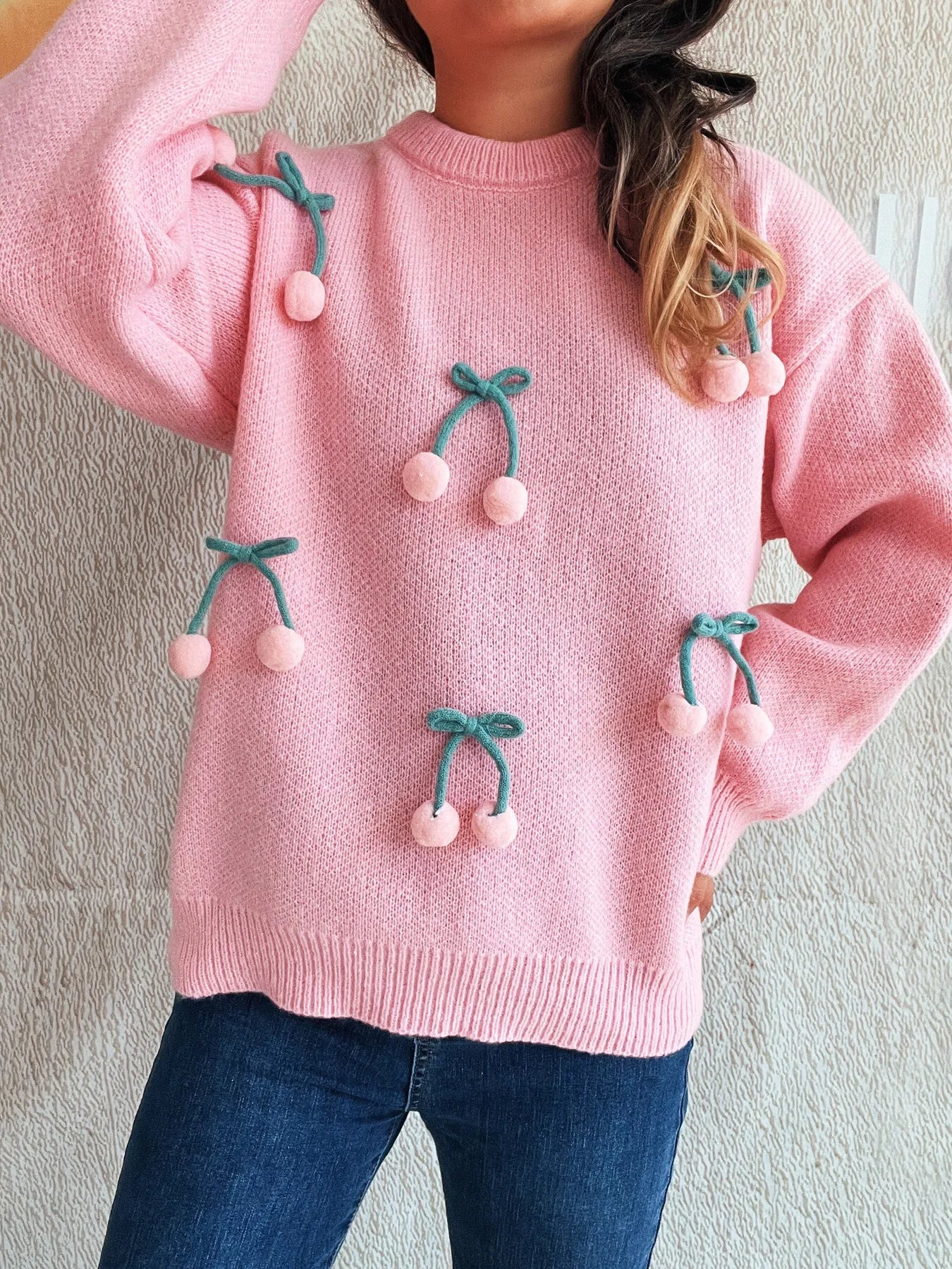 Cherry Round Neck Long Sleeve Sweater - Fashorio