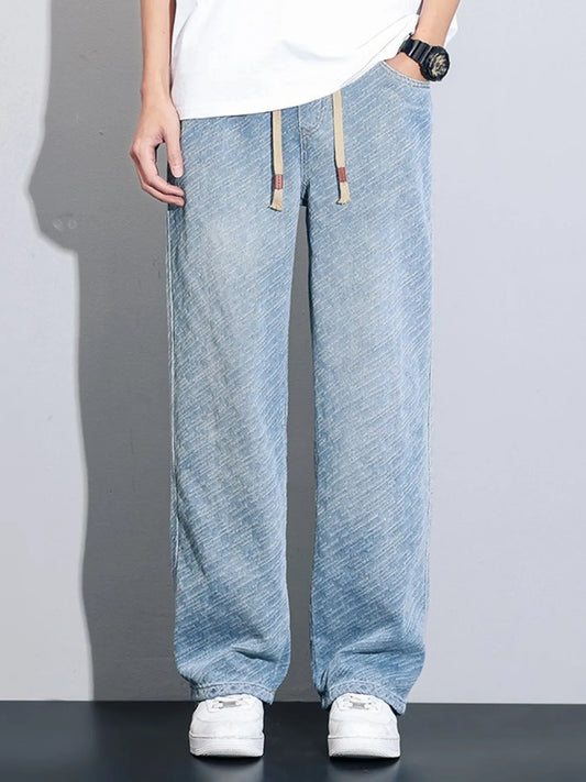 Men's Full Size Drawstring Wide Leg Jeans Plus Size Vintage Blue - Fashorio