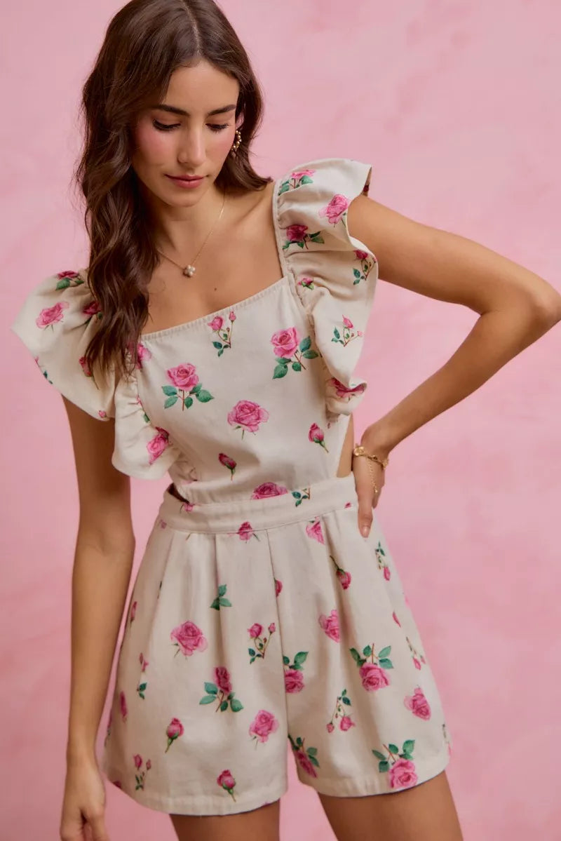 Floral Print Denim Cut Out Waist Ruffled Romper view 9