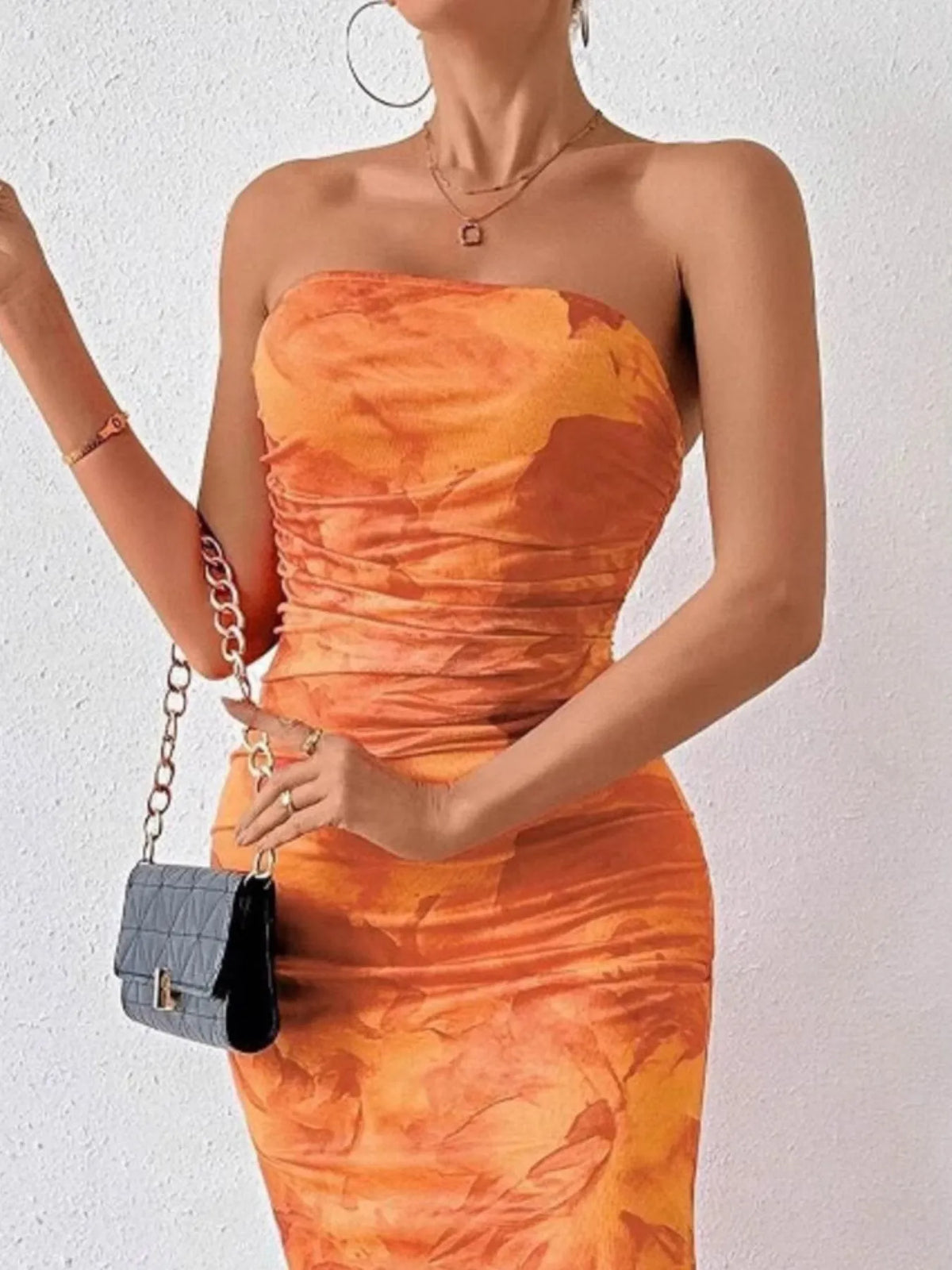 Printed side slit tube maxi dress close up detail