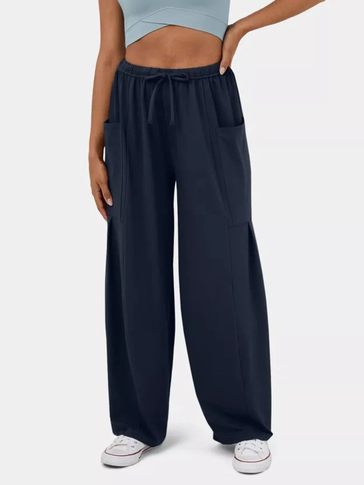 High waisted wide leg drawstring pants styled view