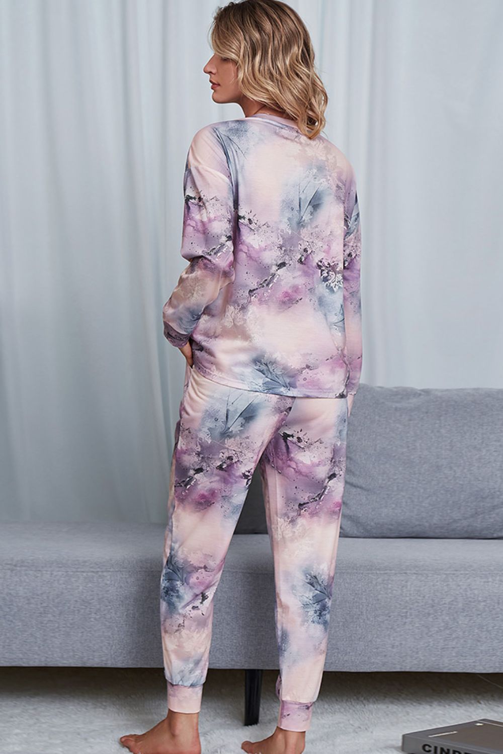 Shiny Tie-Dye Crewneck Top and Drawstring Waist Joggers Lounge Set - Fashorio