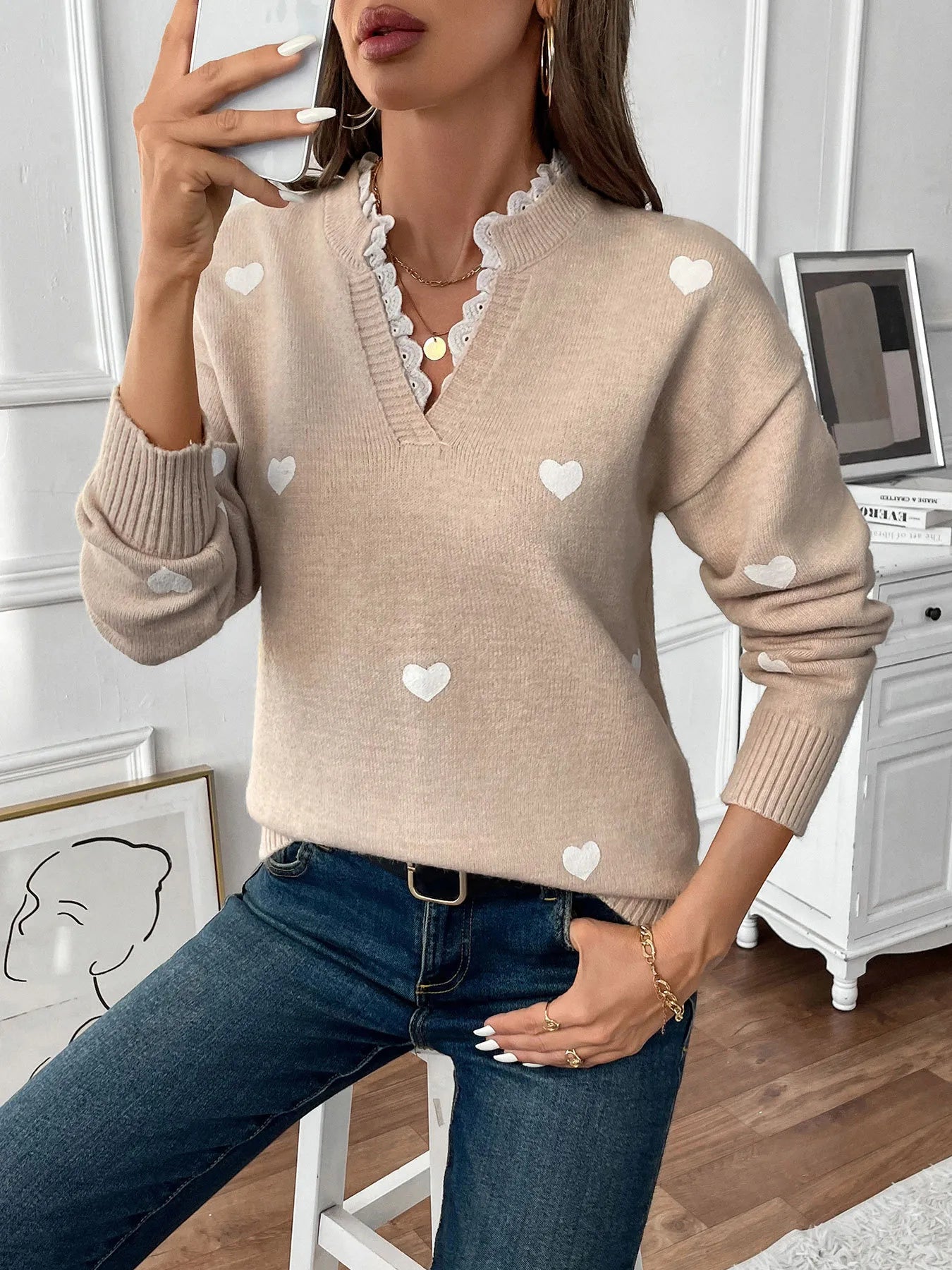 Heart V-Neck Long Sleeve Sweater - Fashorio