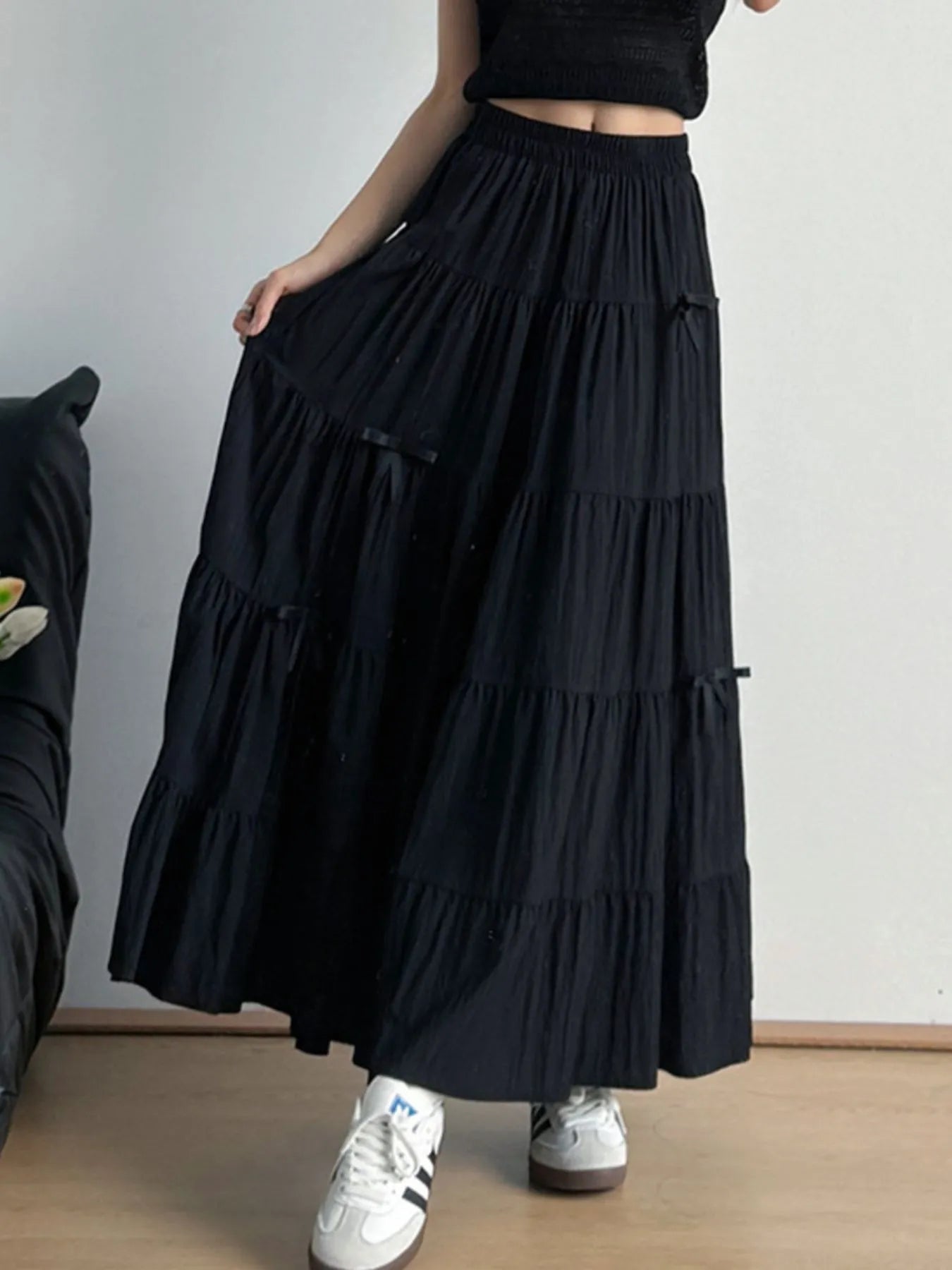 Tiered Elastic Waist Maxi Skirt Black - Fashorio