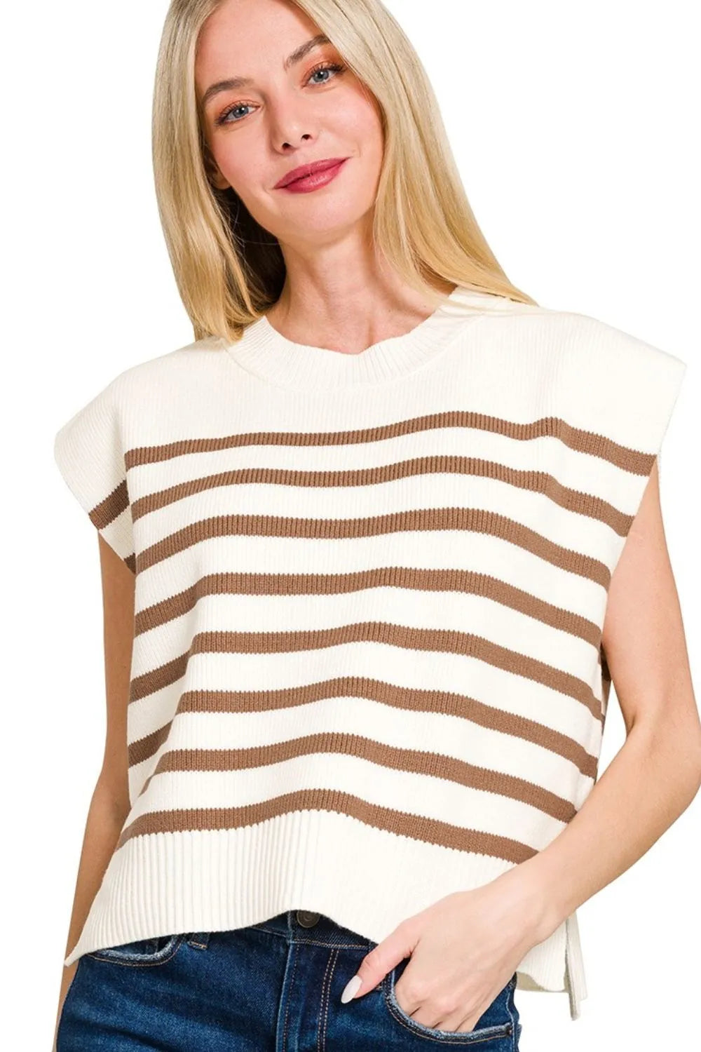 Zenana Oversized Crew Neck Stripe Sweater Vest MOCHA - Fashorio