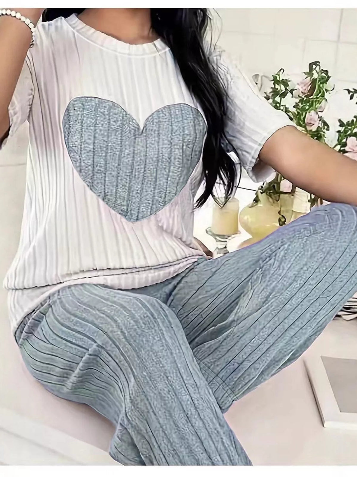 Heart ribbed set in air force blue