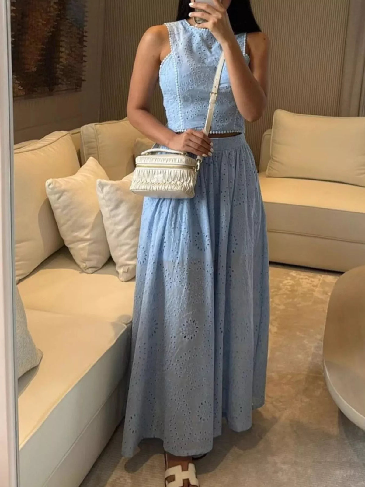 Eyelet maxi skirt set full length styling