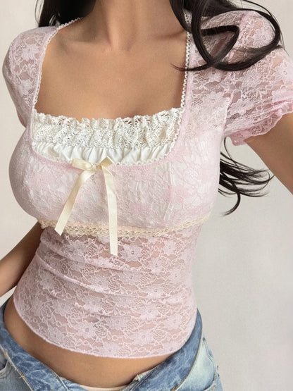 Lace Short Sleeve T-Shirt with Bow Detail - Fashorio