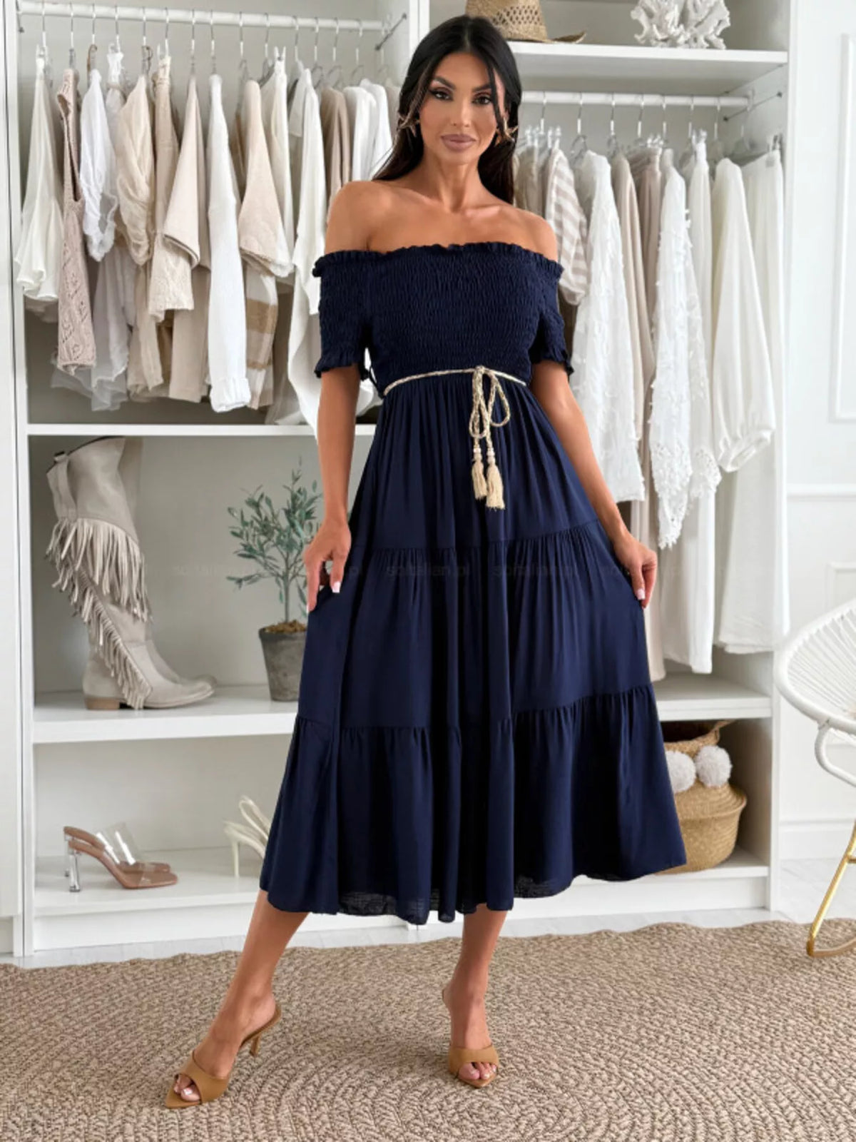 Off shoulder smocked tiered midi dress full length view