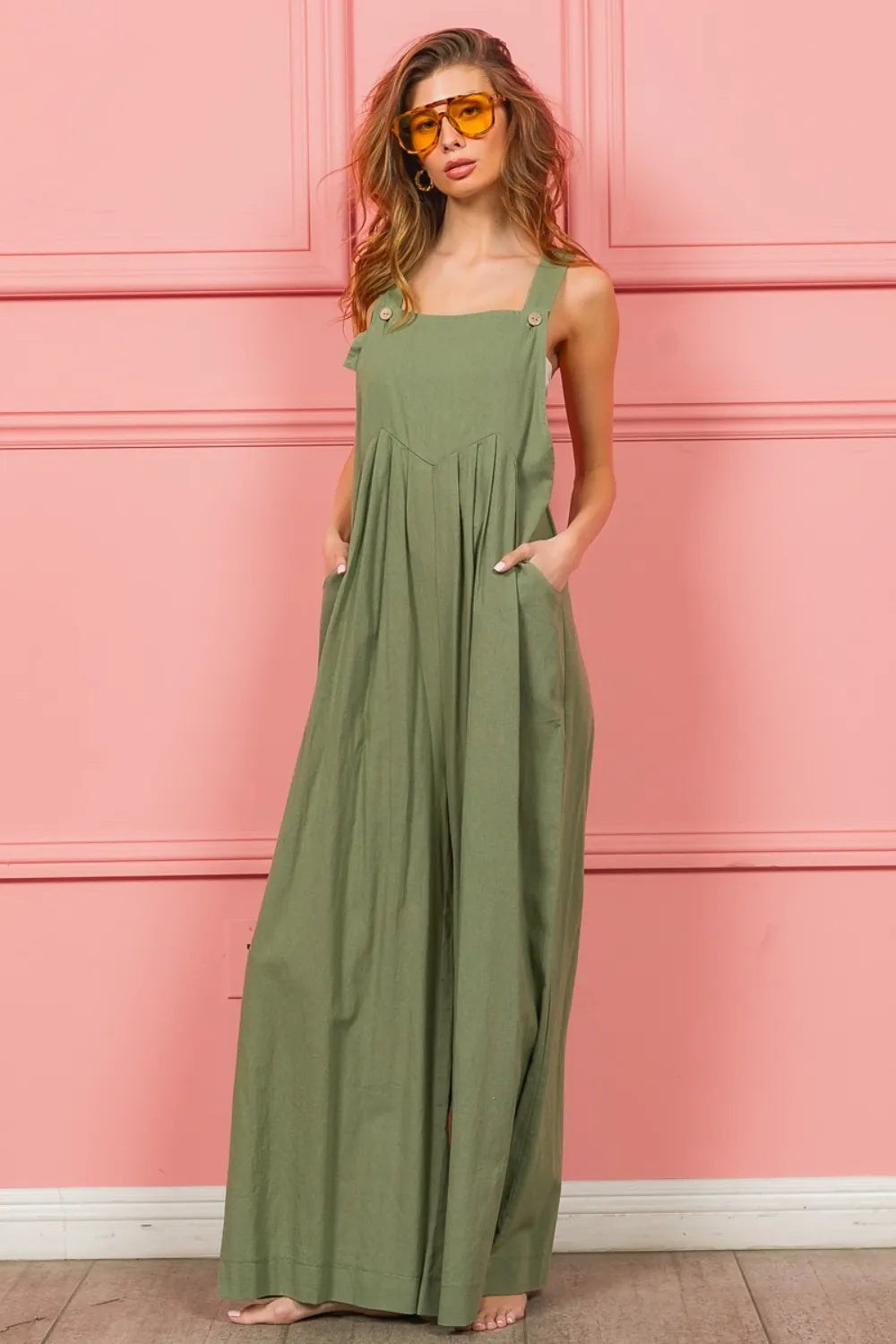 Ruched Wide Leg Overalls with Pockets detail