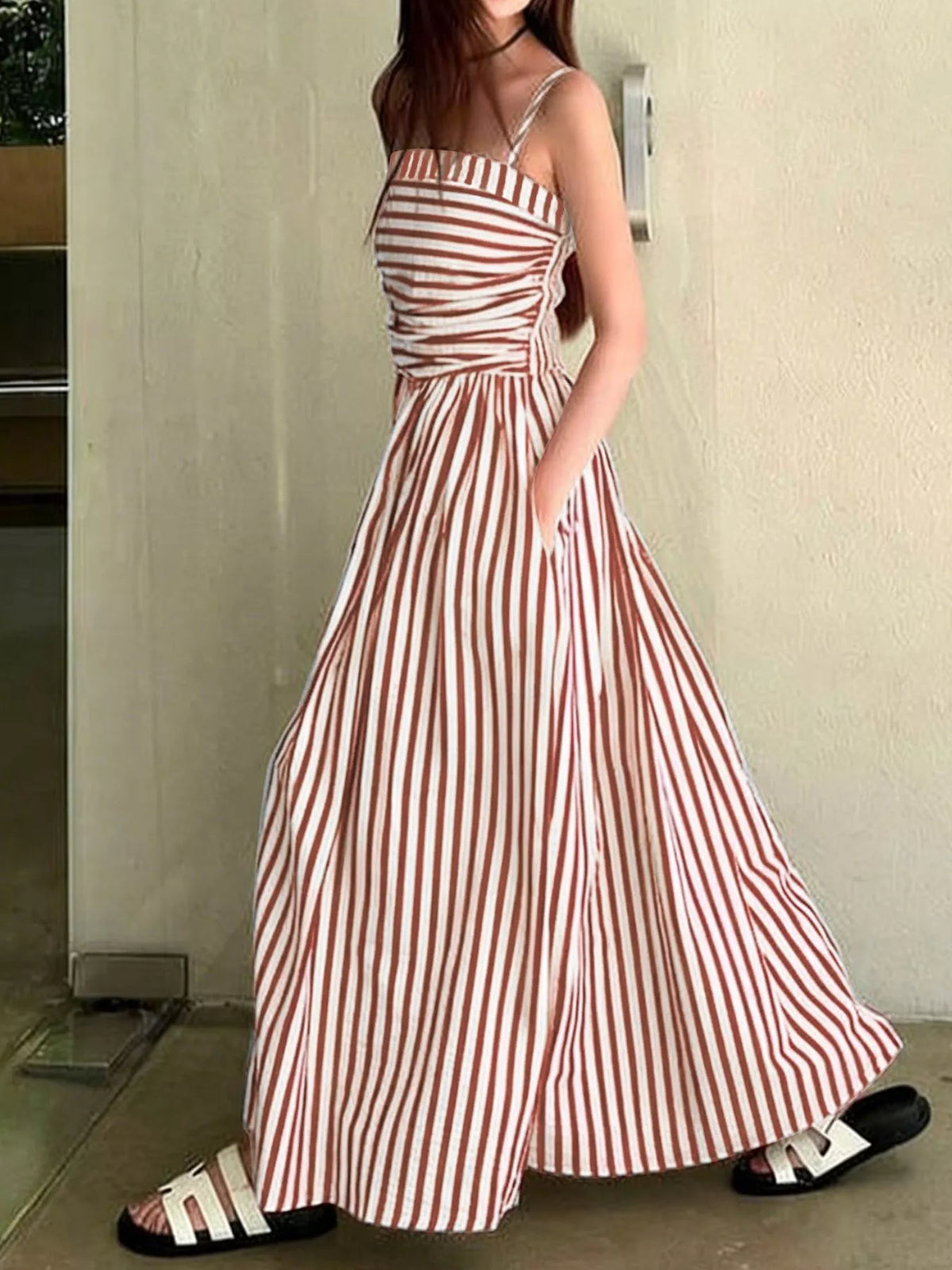Striped spaghetti strap maxi dress front view