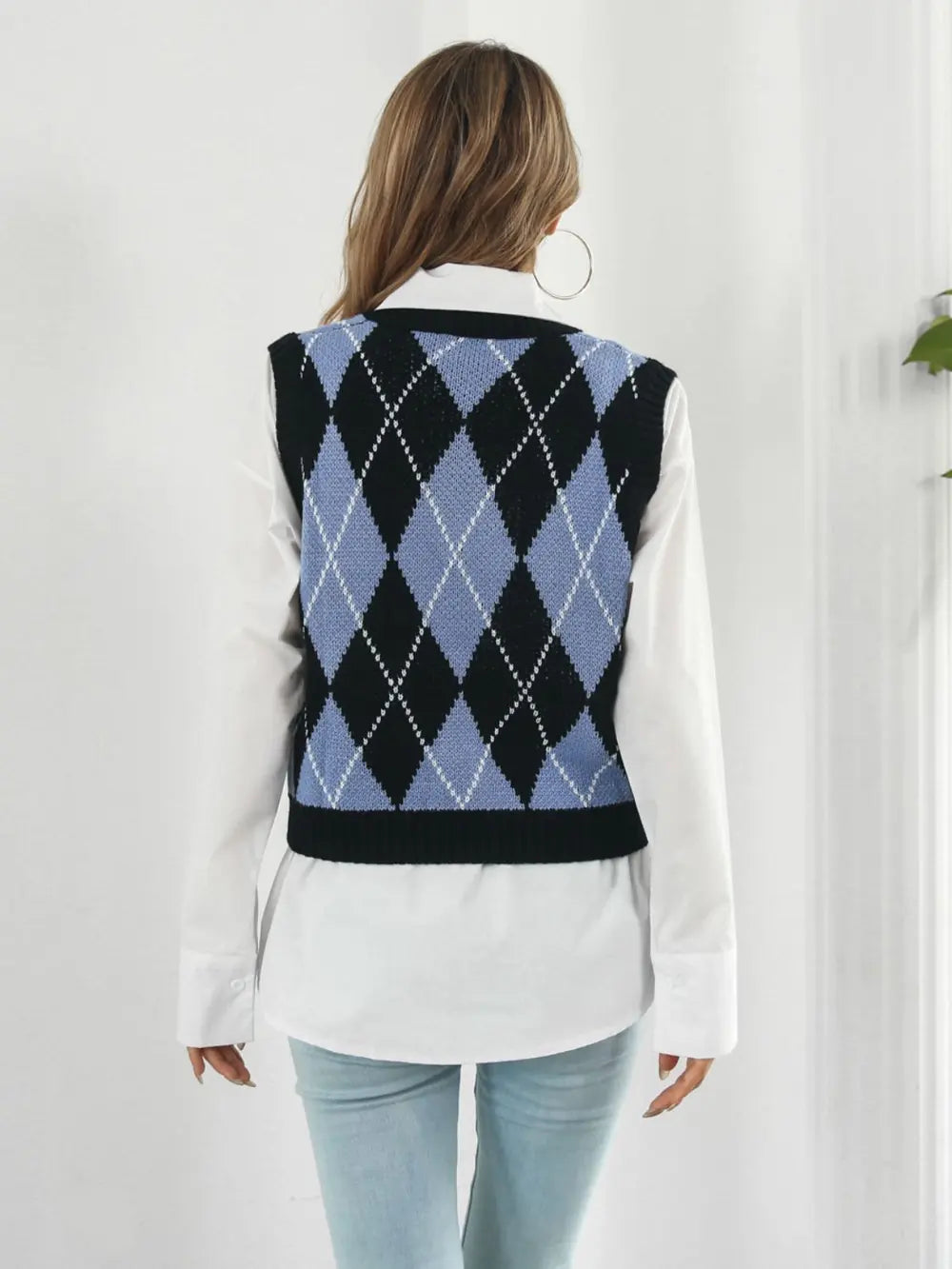 Skull Geometric V Neck Sweater Vest in Black back view