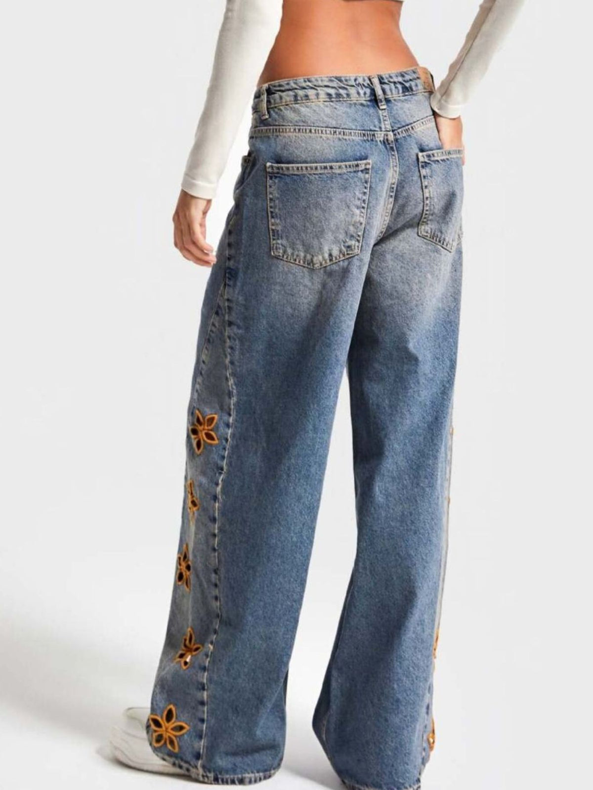 Side view of floral wide leg jeans