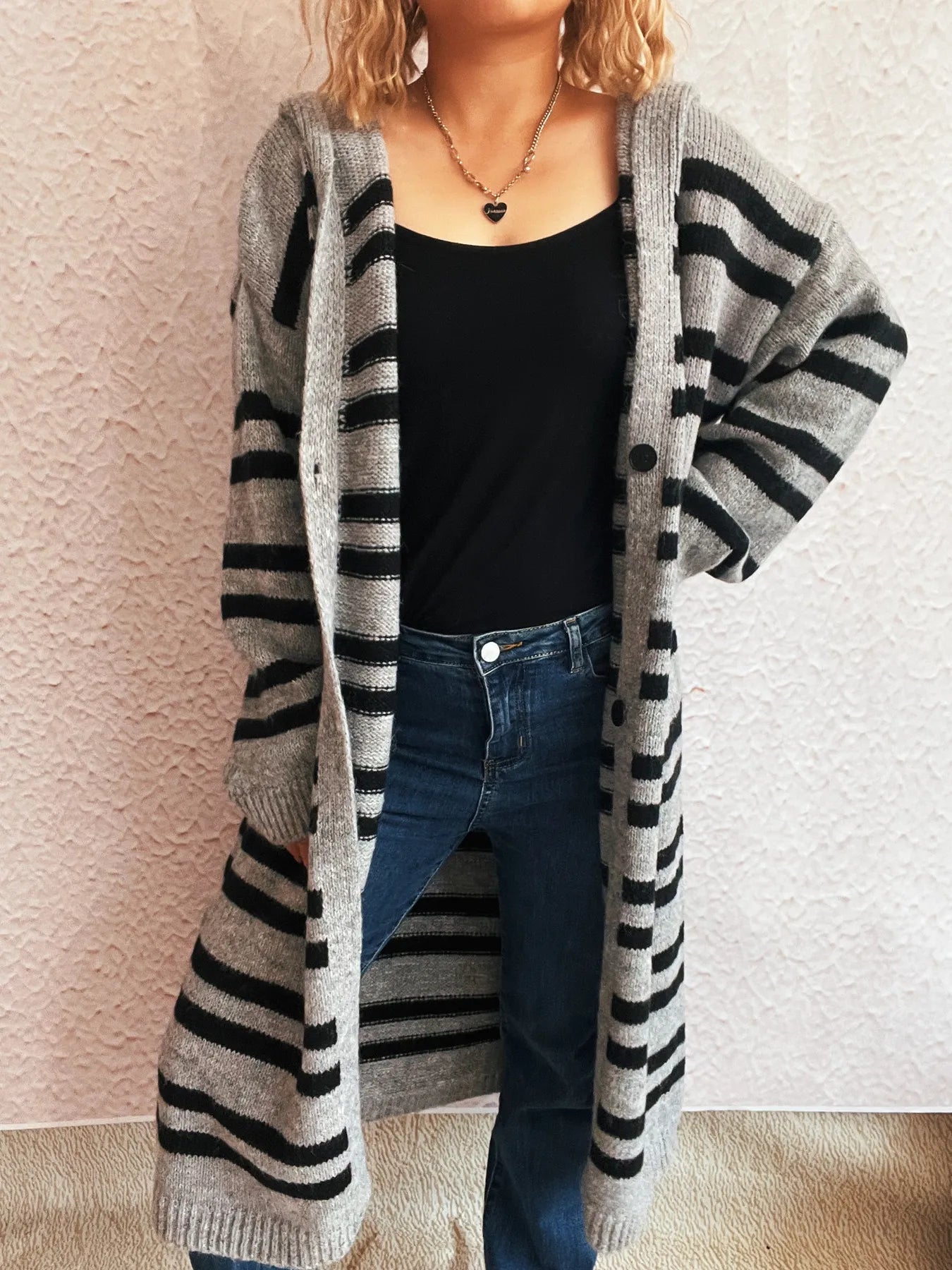 Striped Open Front Hooded Cardigan - Fashorio