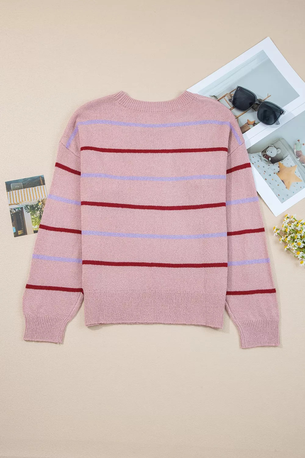striped drop shoulder long sleeve sweater dusty pink side profile view
