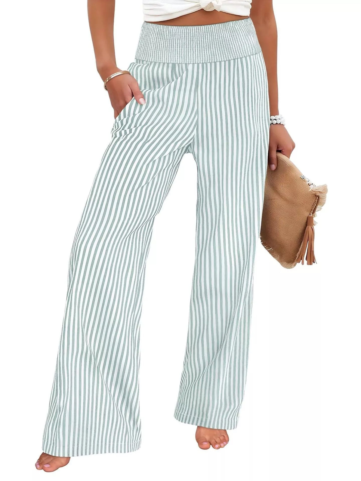 Striped smocked waist wide leg pants fabric detail