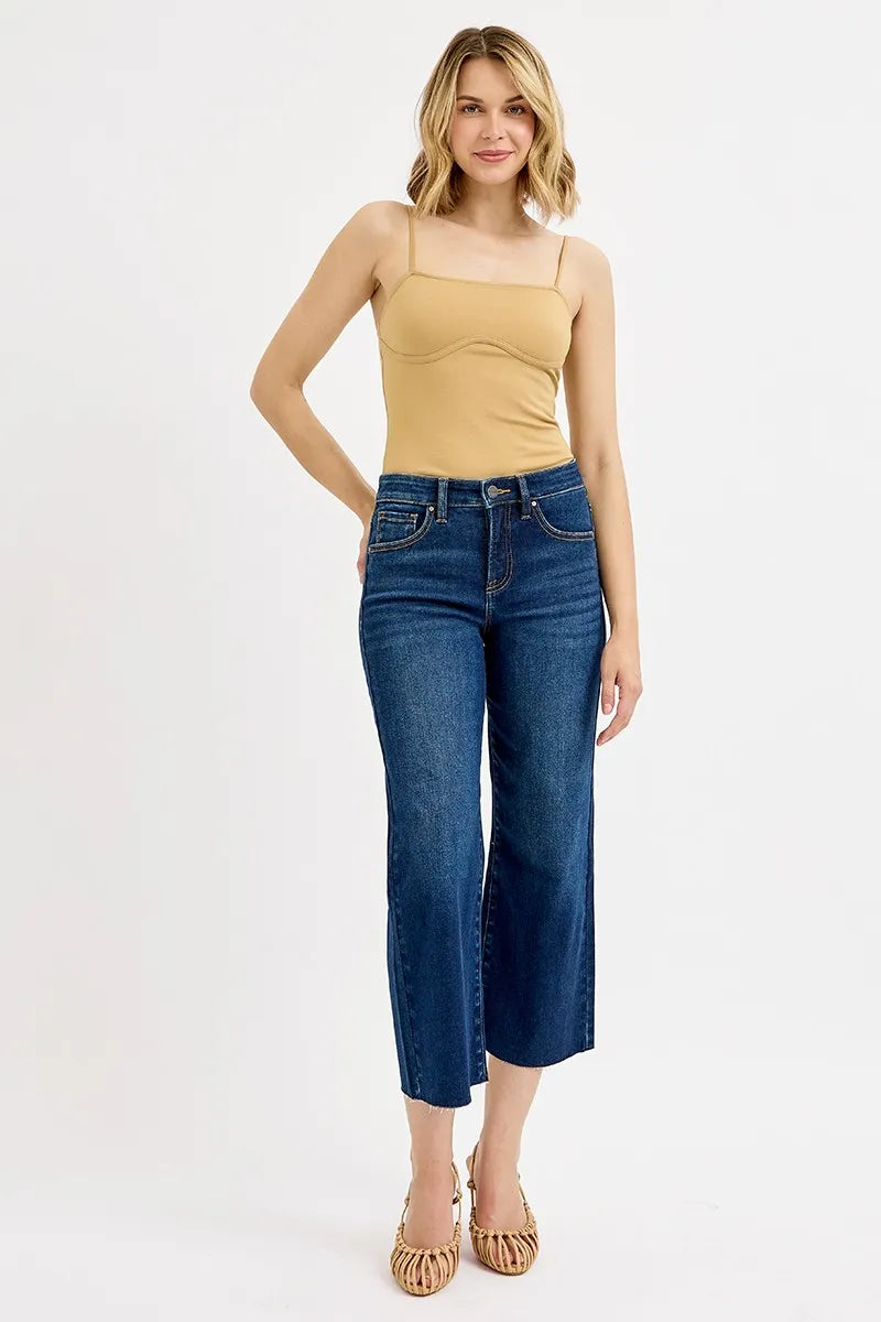 Model wearing RISEN cropped wide leg jeans full outfit
