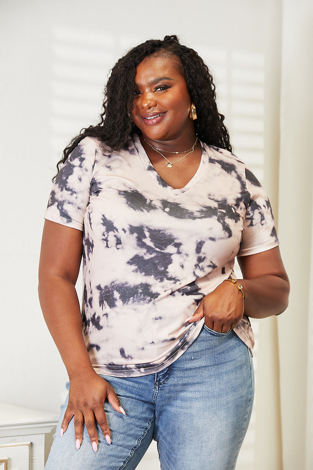 V neck tee angled view showing relaxed fit