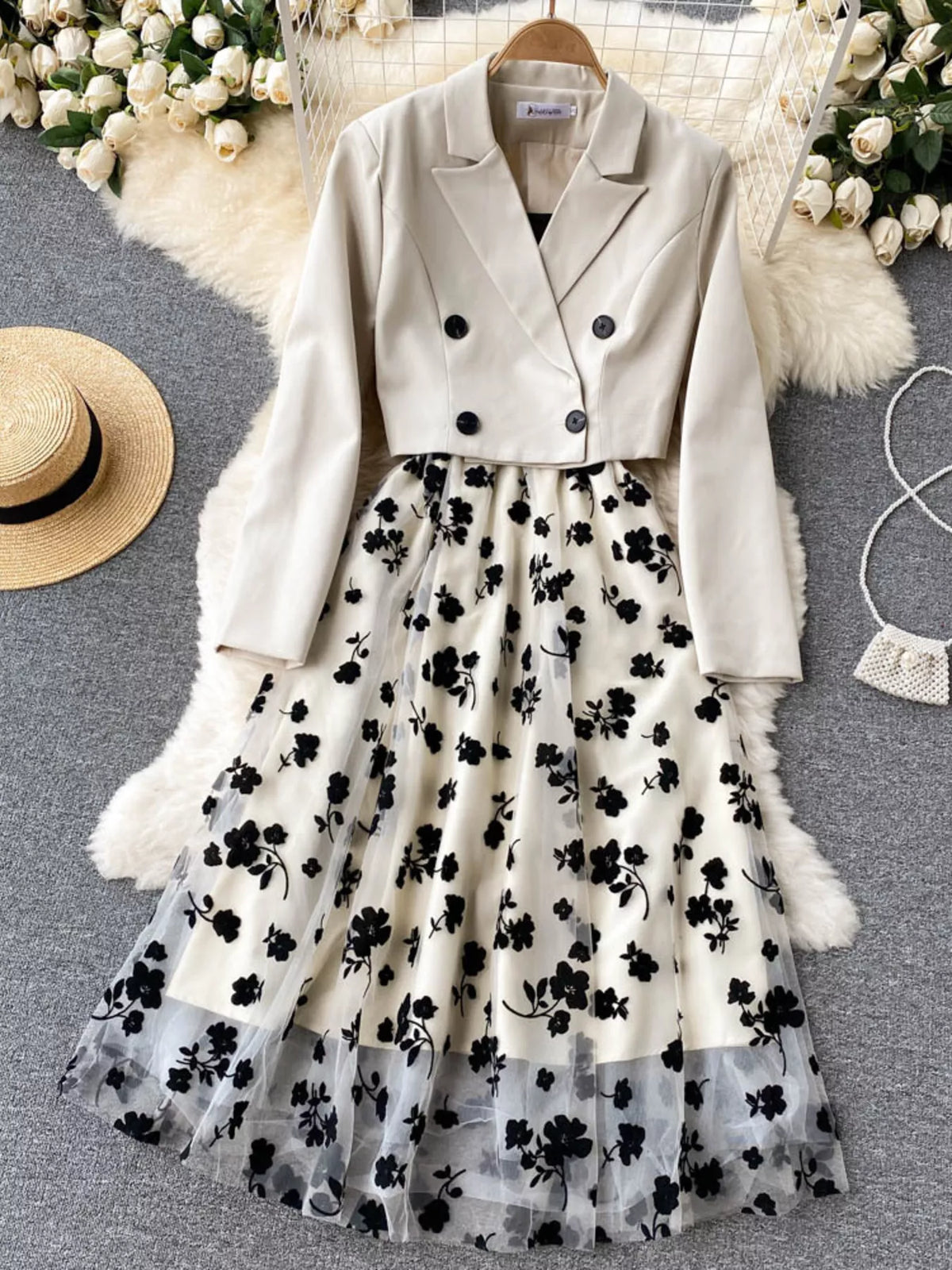 Floral mesh dress and matching blazer coordinated set