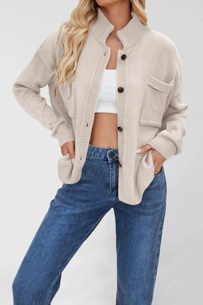 Ribbed Hem Button Up Cardigan White - Fashorio