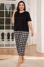 V-Neck Tee and Plaid Cropped Pants Lounge Set Black - Fashorio