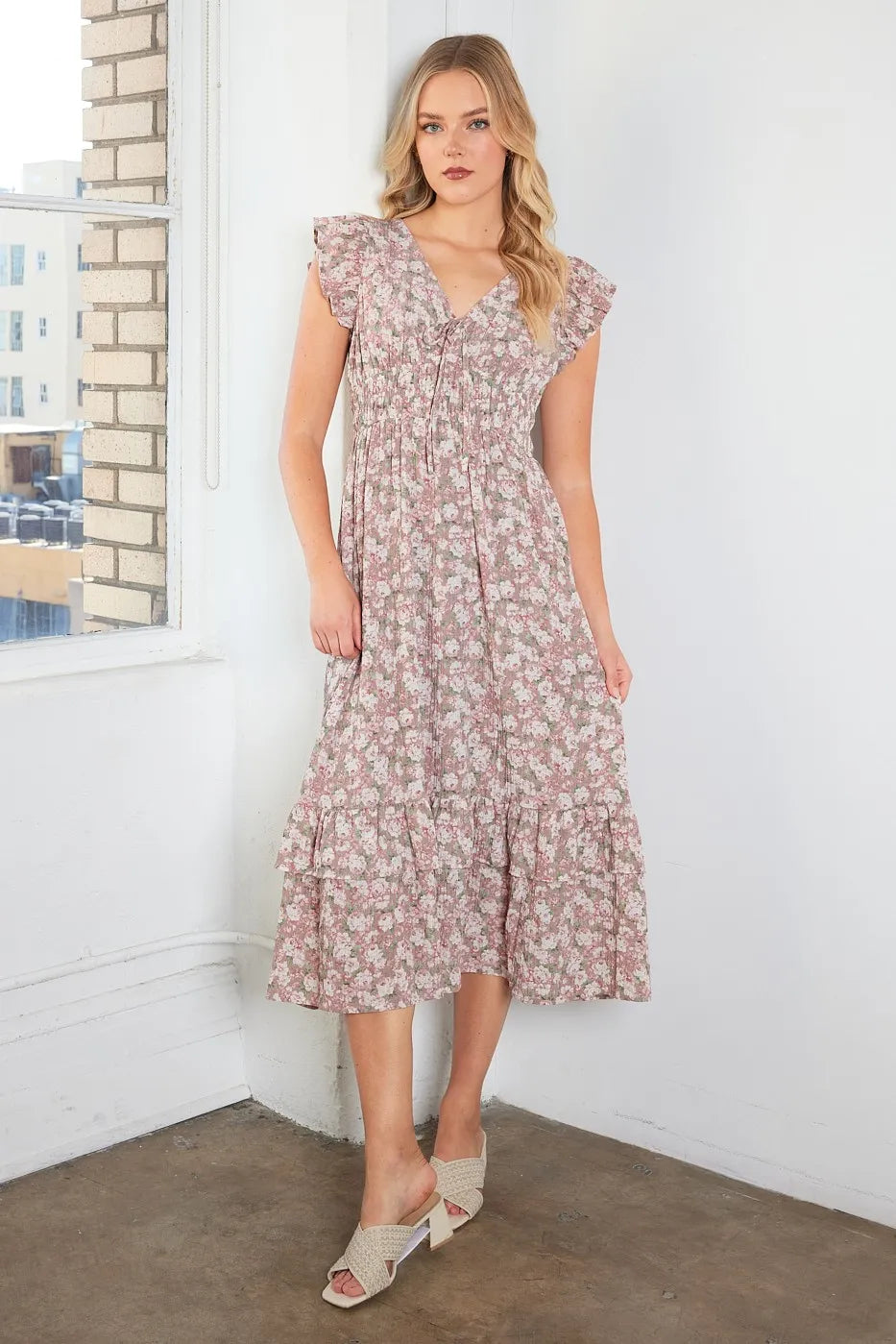 Flower Print Ruffle Cap Sleeve V neck Midi Dress close up