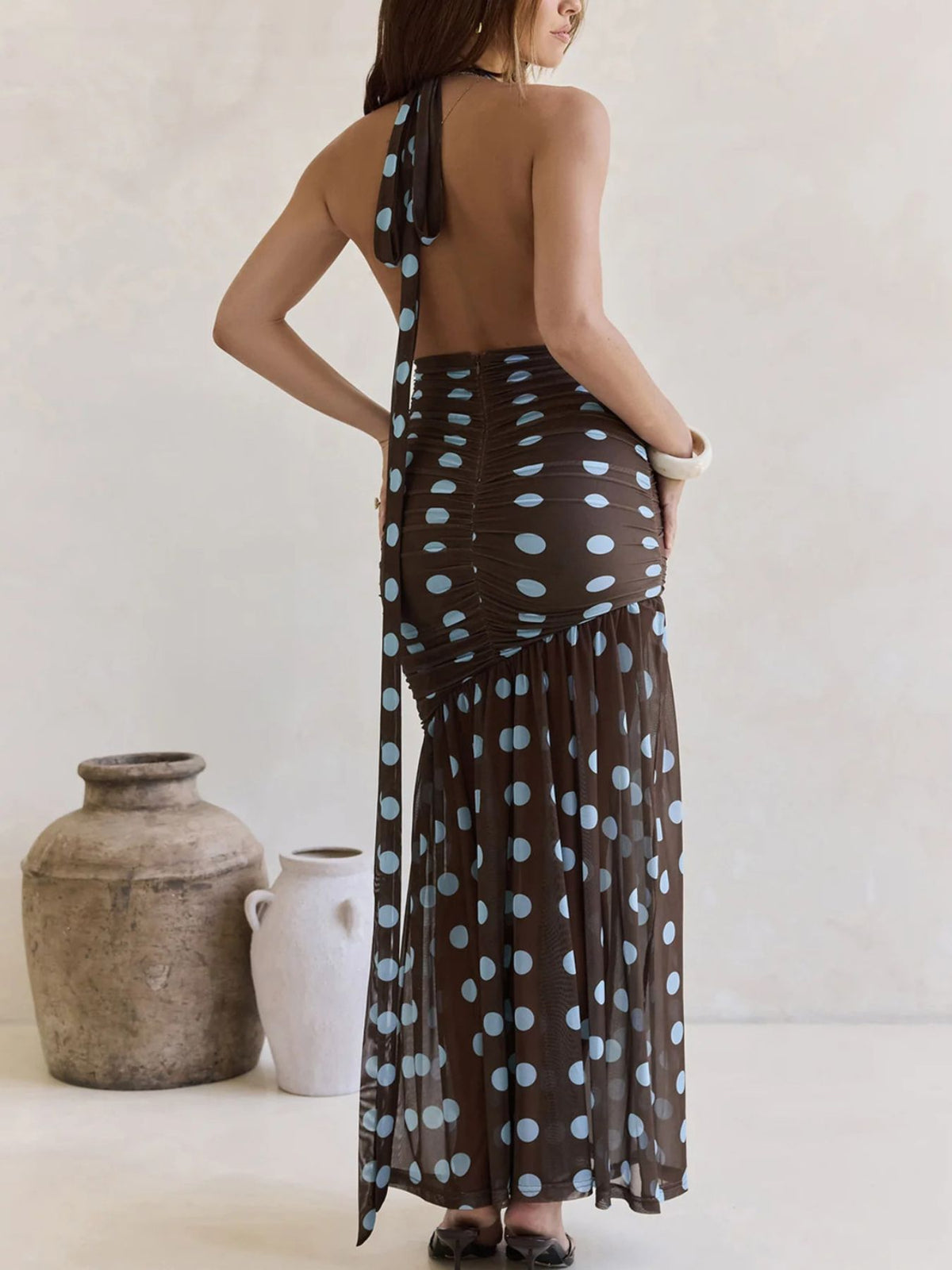 polka dot halter neck ruched maxi dress fabric and print detail