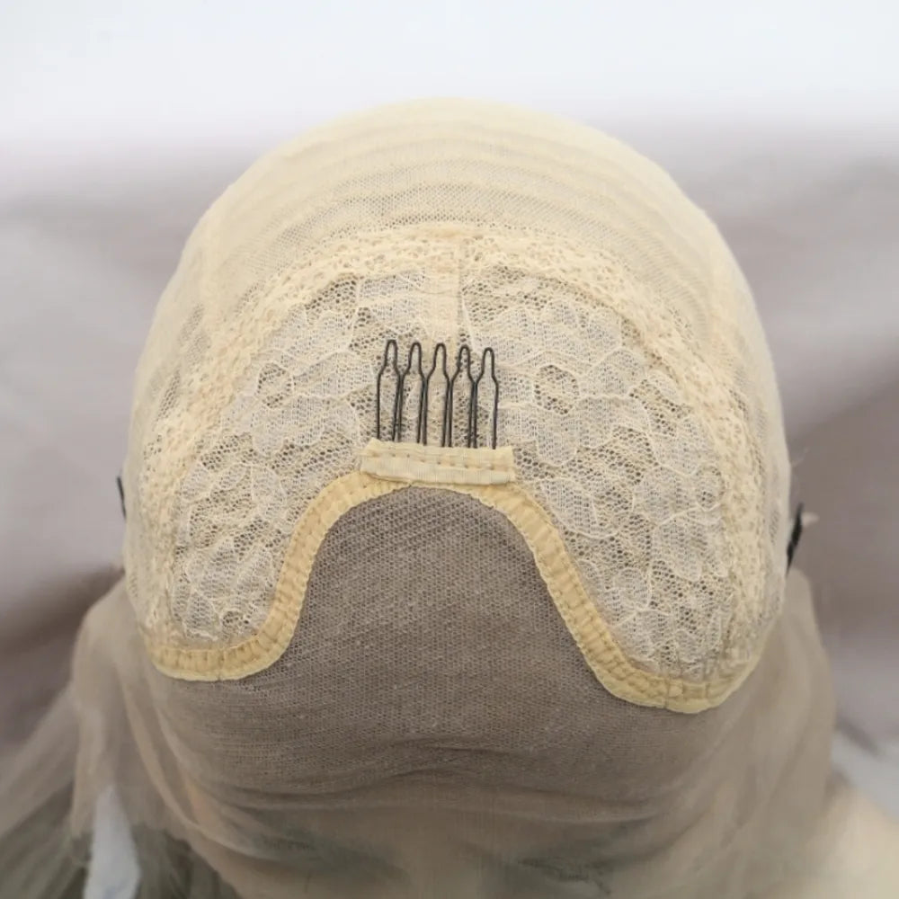 Blonde wavy wig back view showing volume