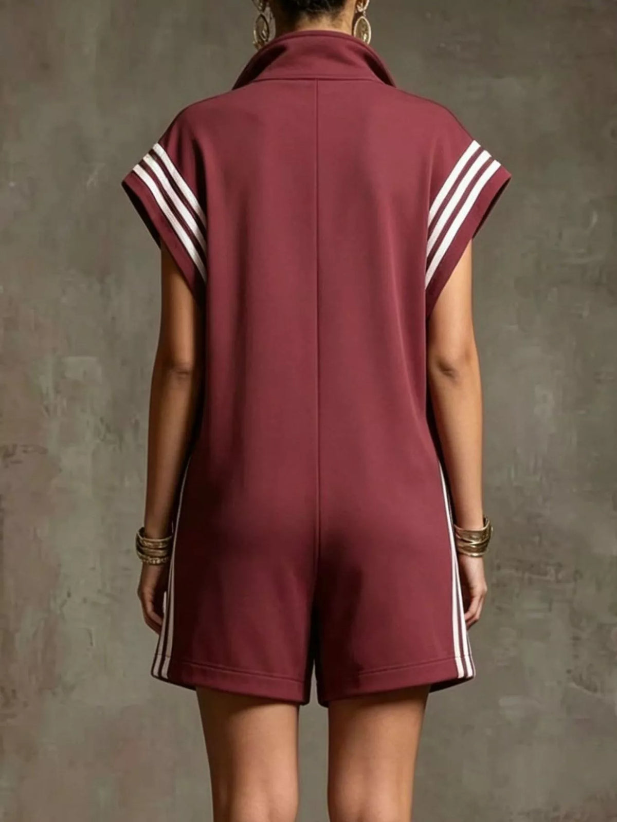 Striped zip front short sleeve romper full length view