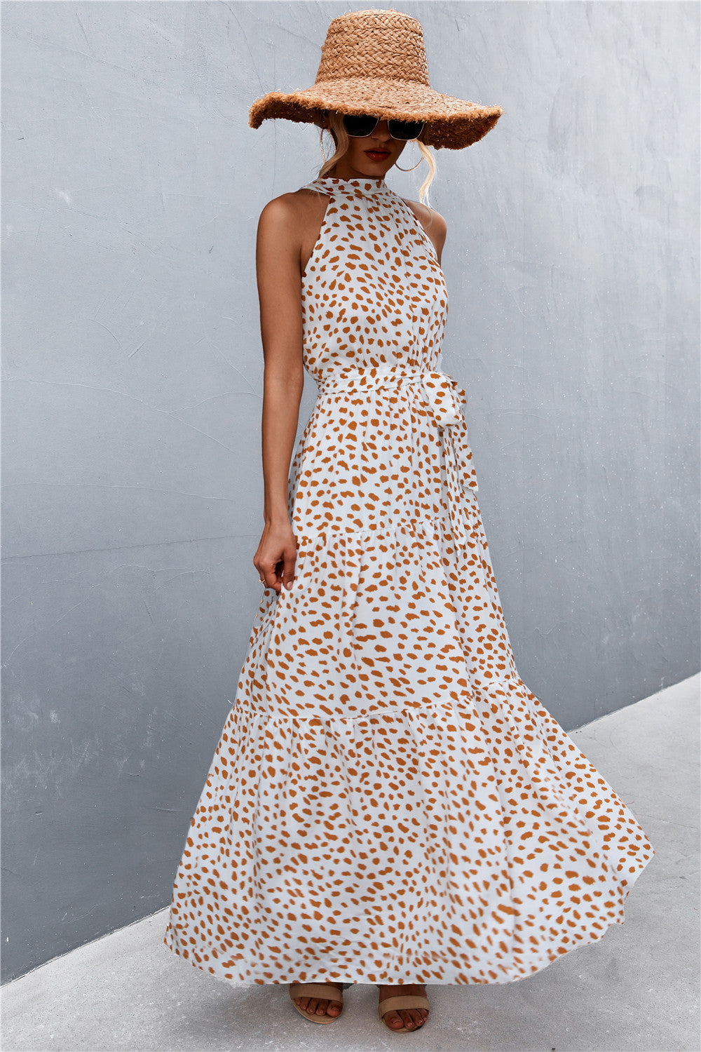 Printed sleeveless tie waist maxi dress back view