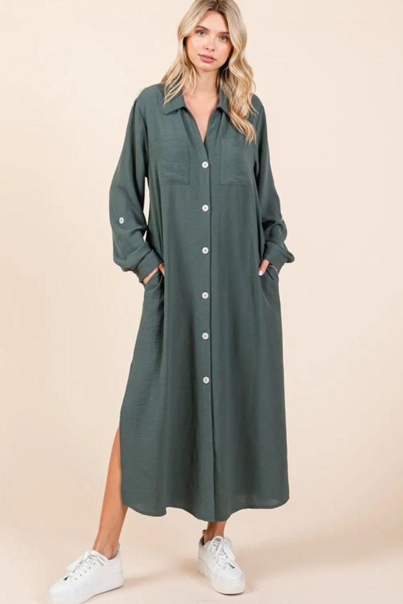 Mittoshop V neck long sleeve button front maxi dress front view