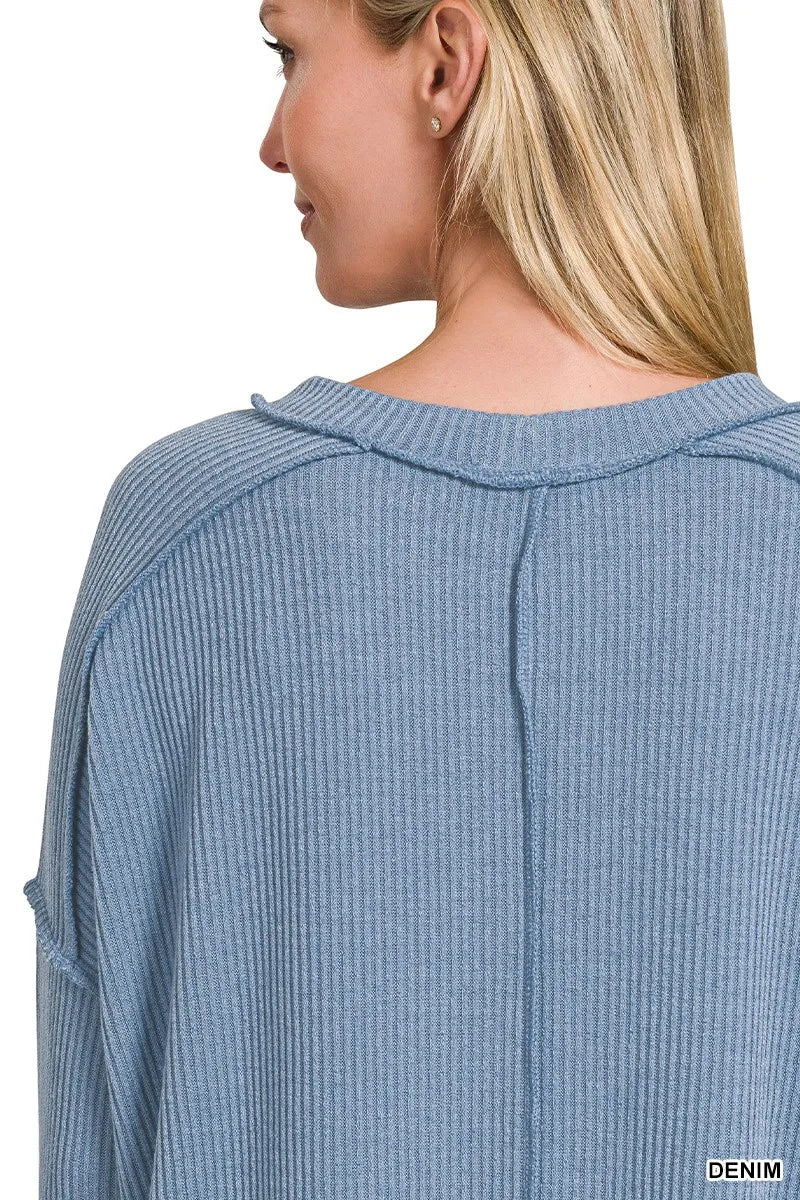 Ribbed Drop Shoulder Round Neck Sweater in Denim Blue side view