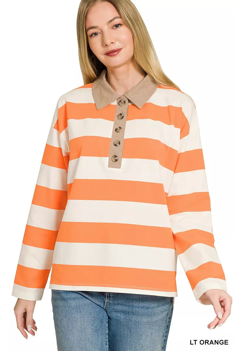 Zenana striped collar polo top in light orange, front view