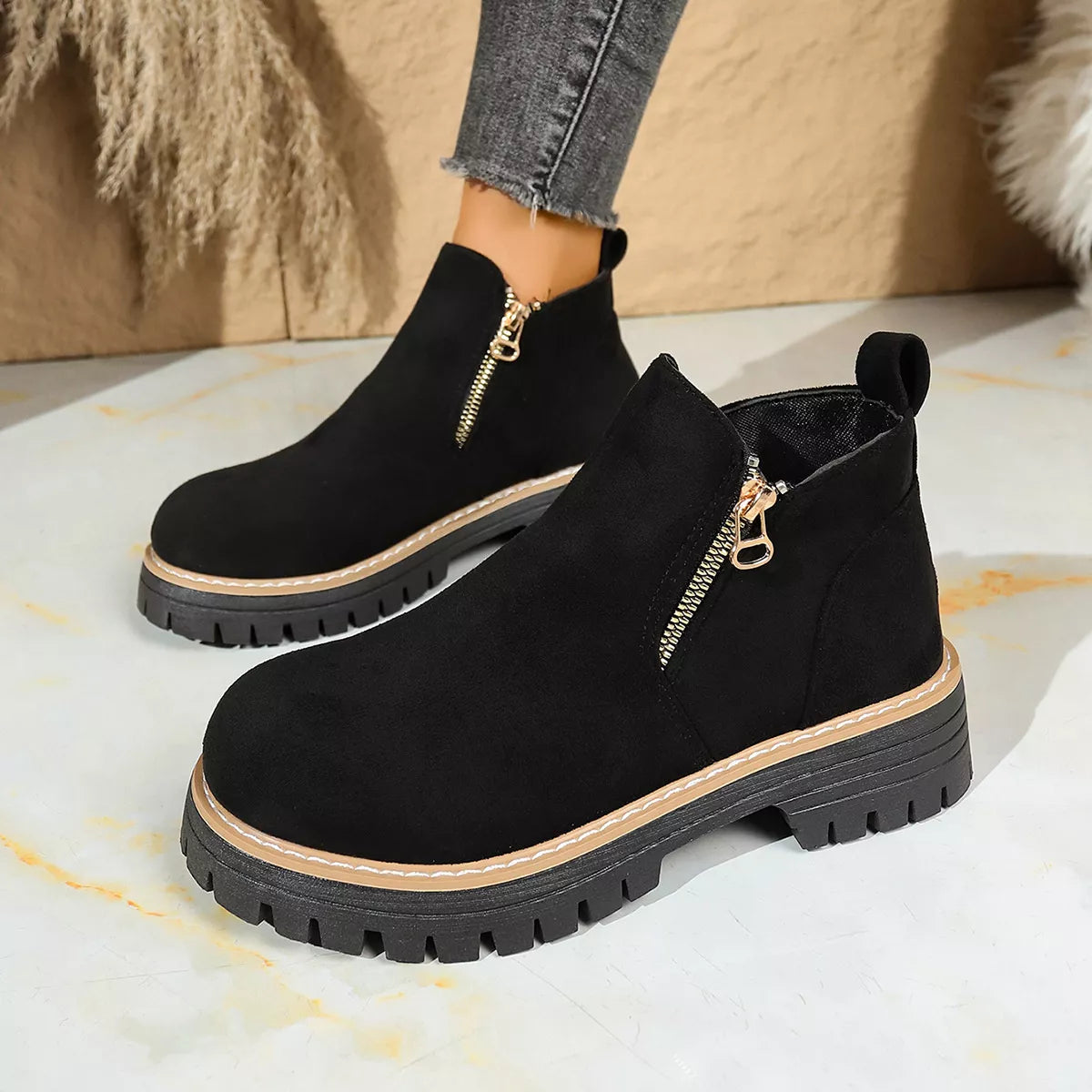 Suede round toe platform boots front view