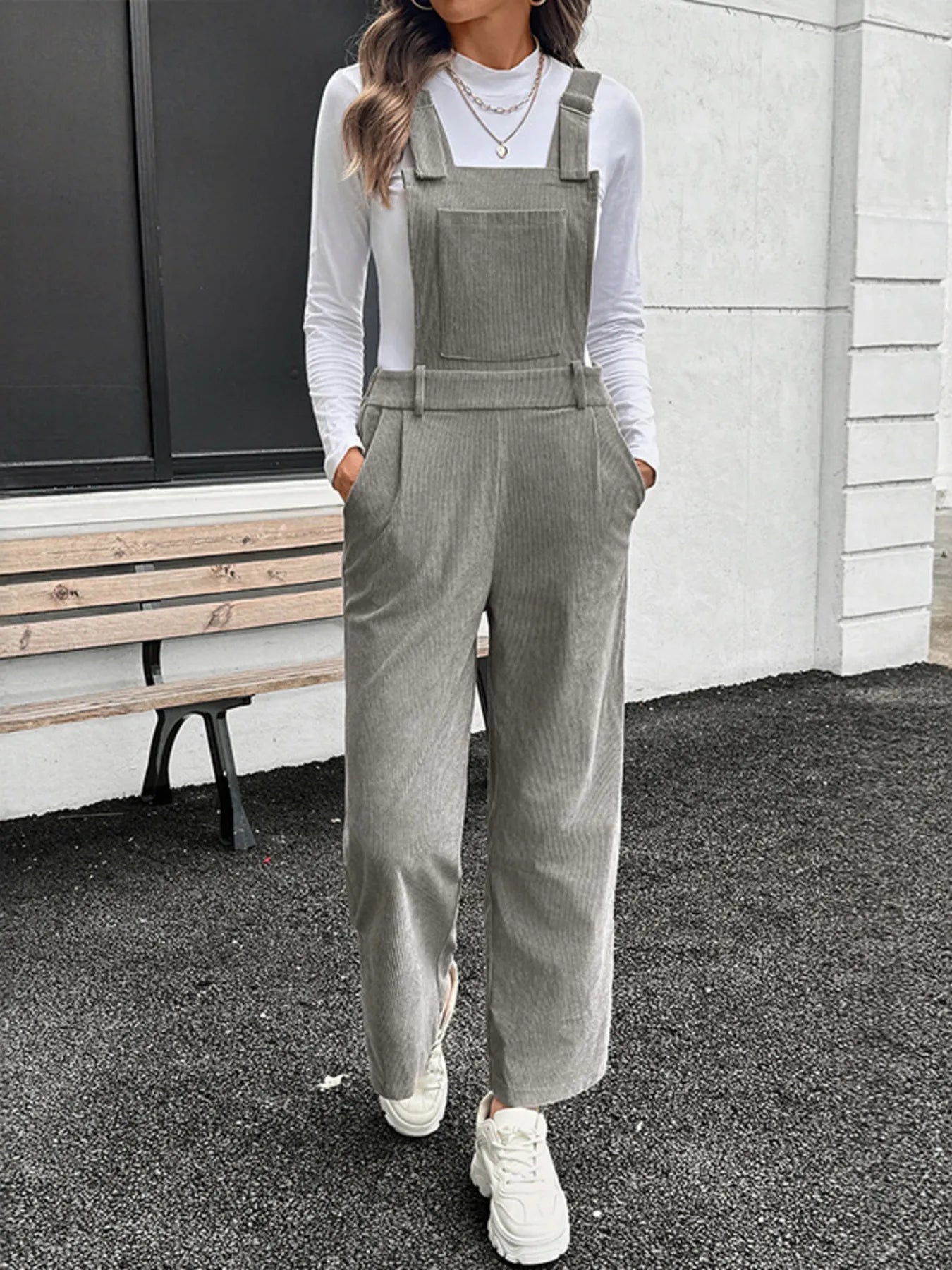 Slit Wide Leg Overalls with Pockets Grey - Fashorio