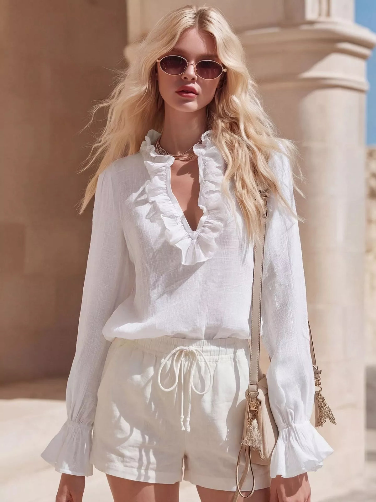 Ruffled V neck long sleeve blouse detail view