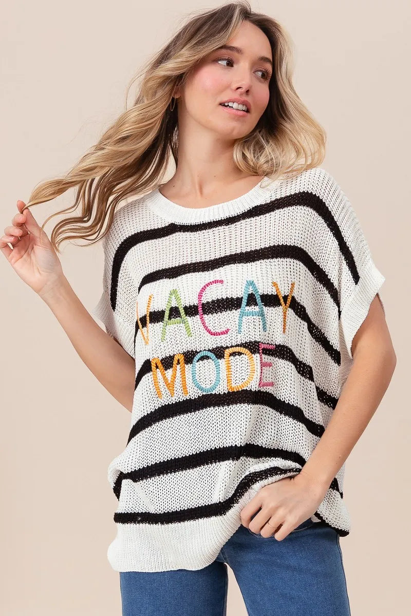 BiBi Vacay Mode Lettering Drop Shoulder Striped Sweater - Fashorio