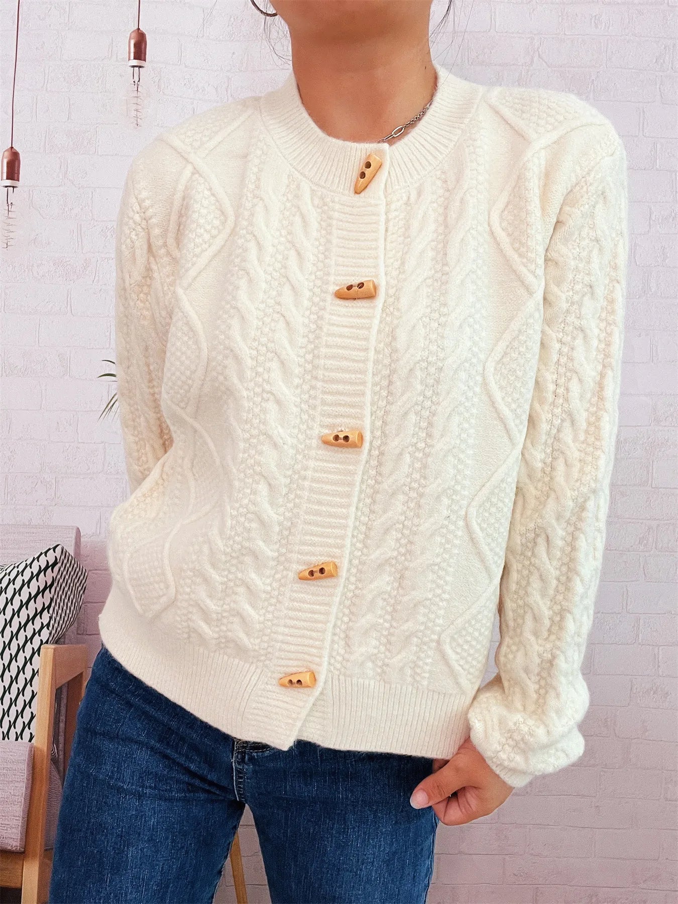 Cable Knit Button-Up Cardigan - Fashorio