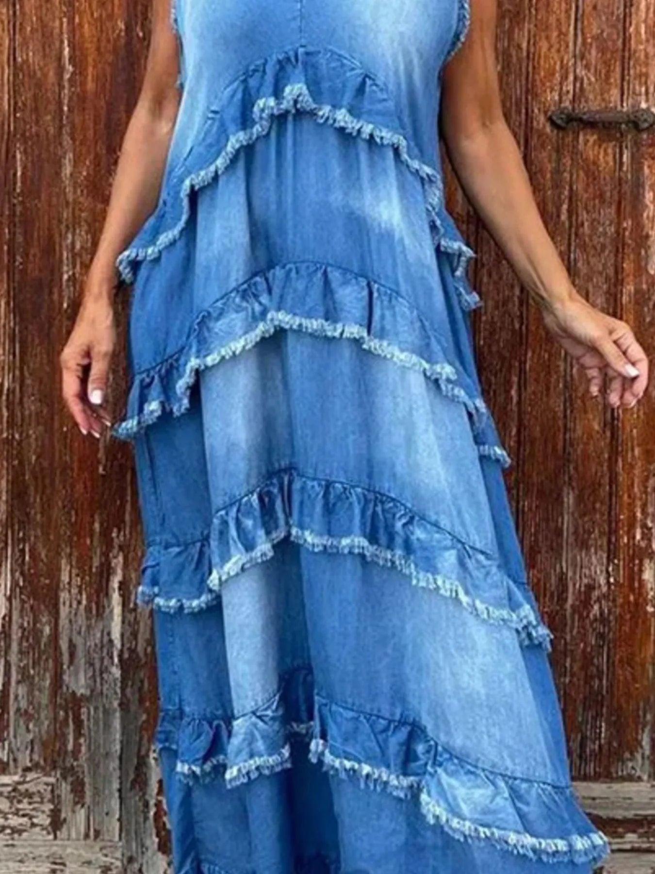 Raw Hem Layered Denim Maxi Dress - Fashorio