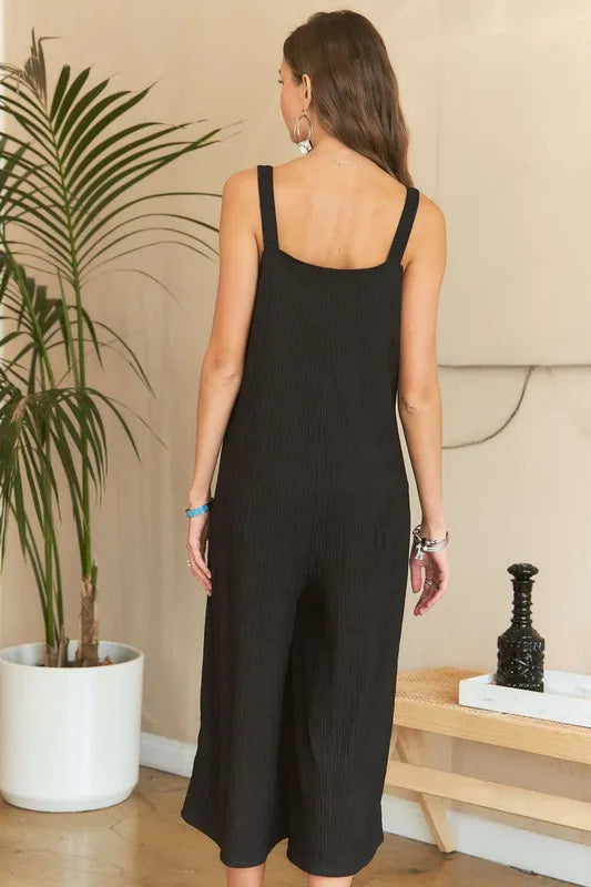 Black Textured Wide Leg Jumpsuit back view
