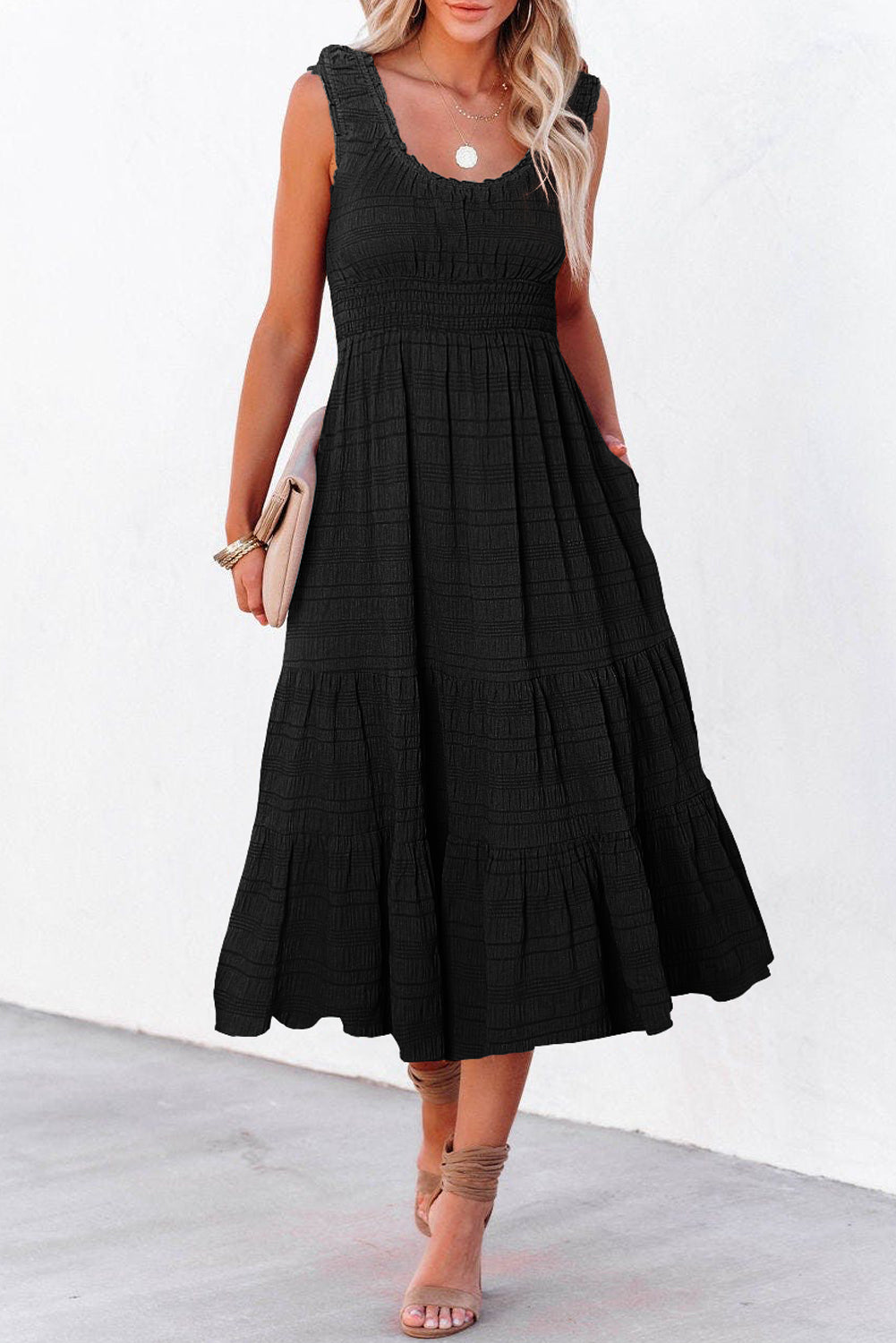 Black sleeveless midi dress front styling