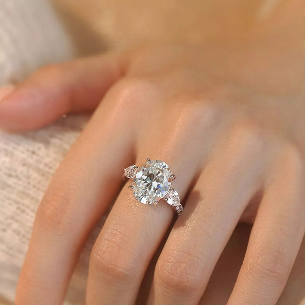 Moissanite oval ring side profile of the setting