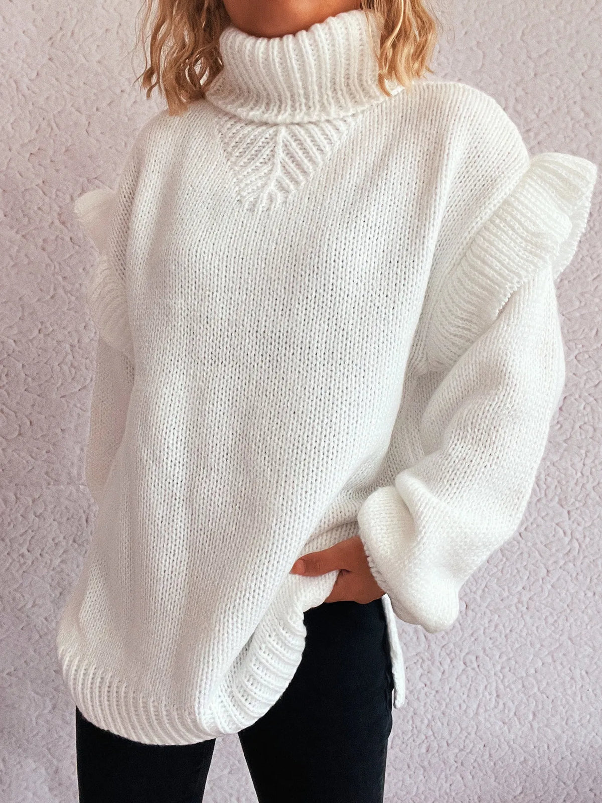 Ruffled turtleneck long sleeve sweater side view