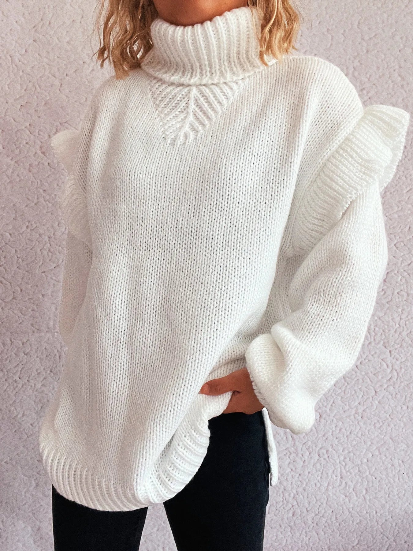 Ruffled Turtleneck Long Sleeve Sweater White One Size - Fashorio