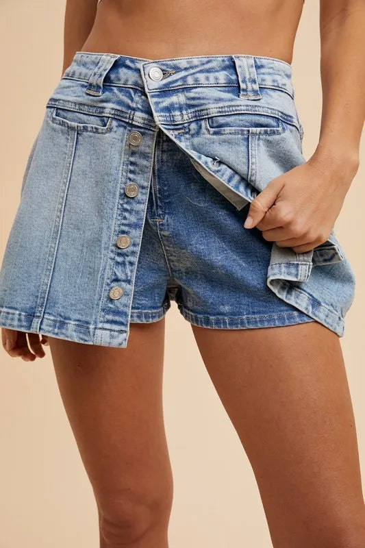 Annie Wear Button Detail Stretch Denim Wrap Mini Skort - Fashorio
