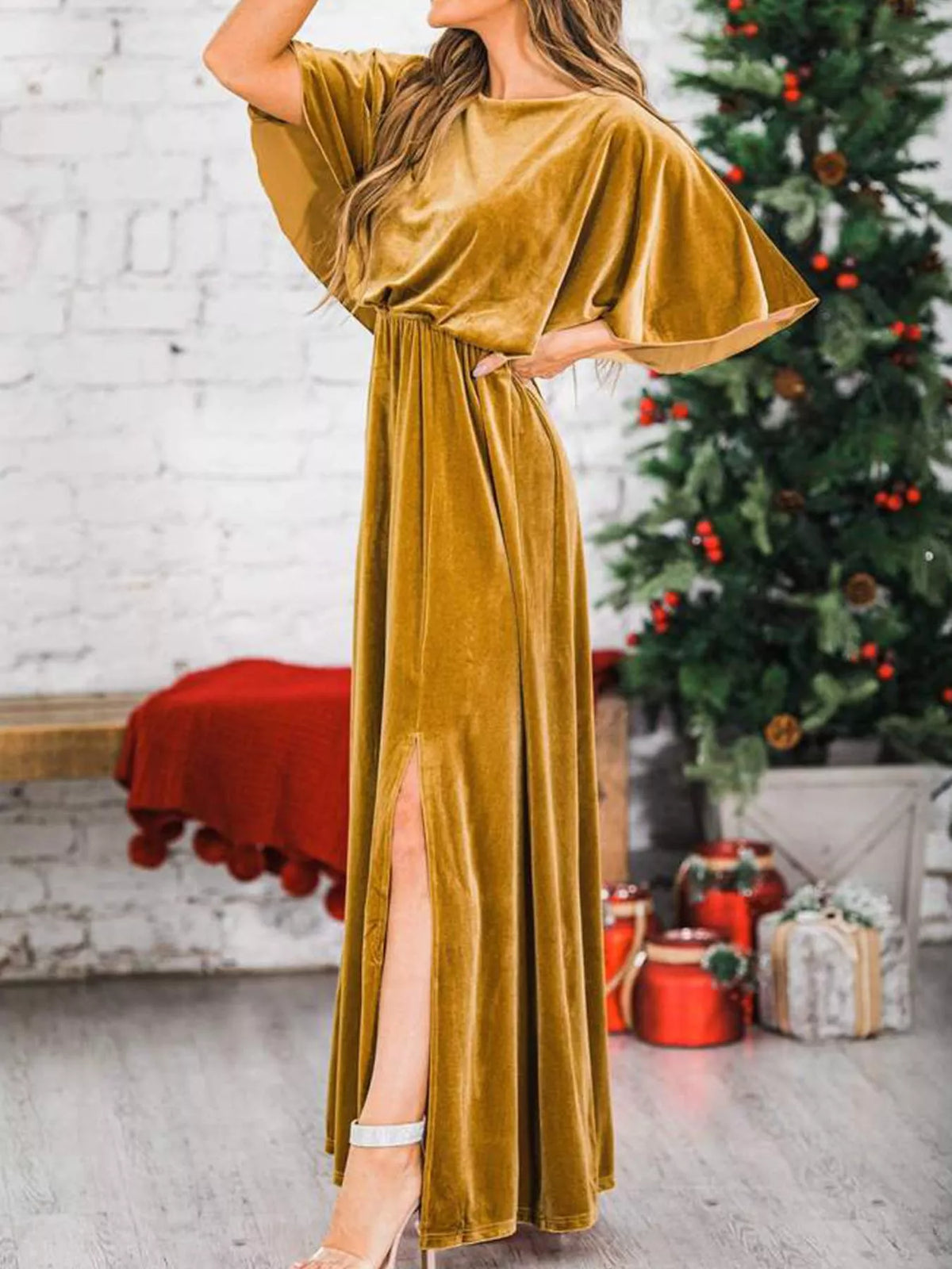 flutter sleeve velvet maxi dress back view