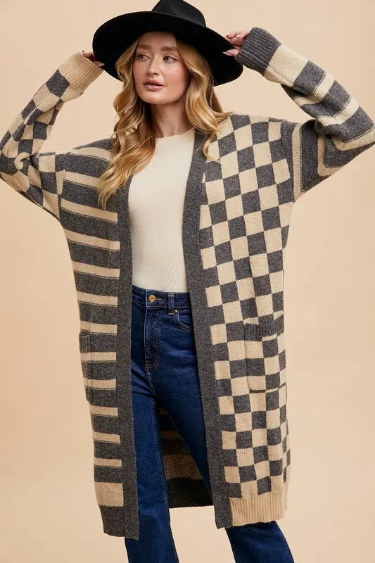 Annie Wear Checkered & Striped Open Front Long Sleeve Cardigan - Fashorio