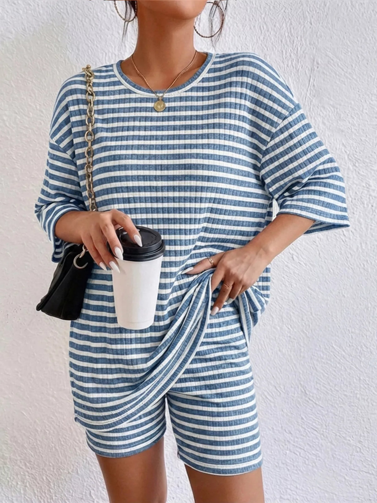 Striped Round Neck Top and Shorts Set, view 11