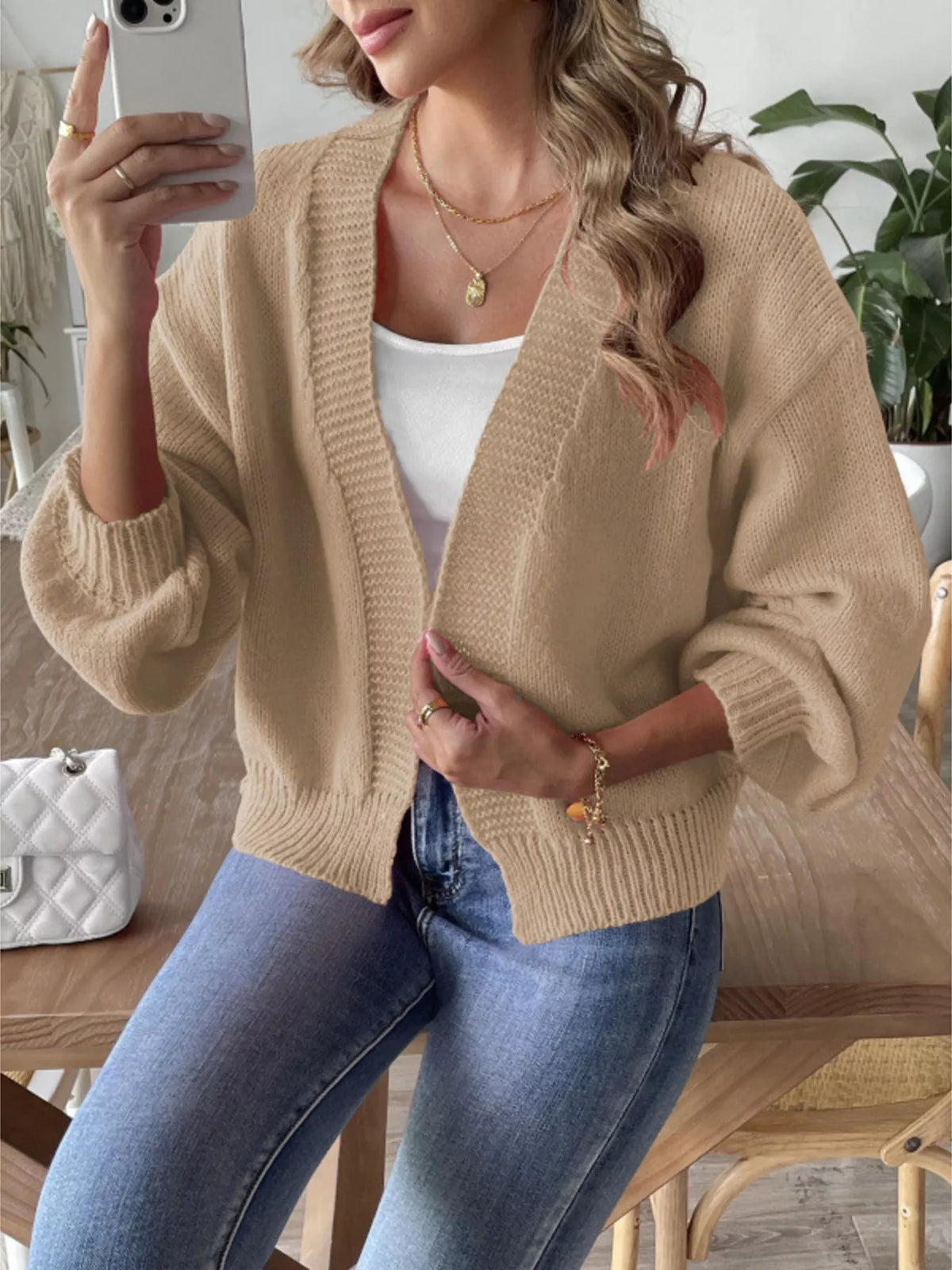 open front dropped shoulder cardigan styled outfit view